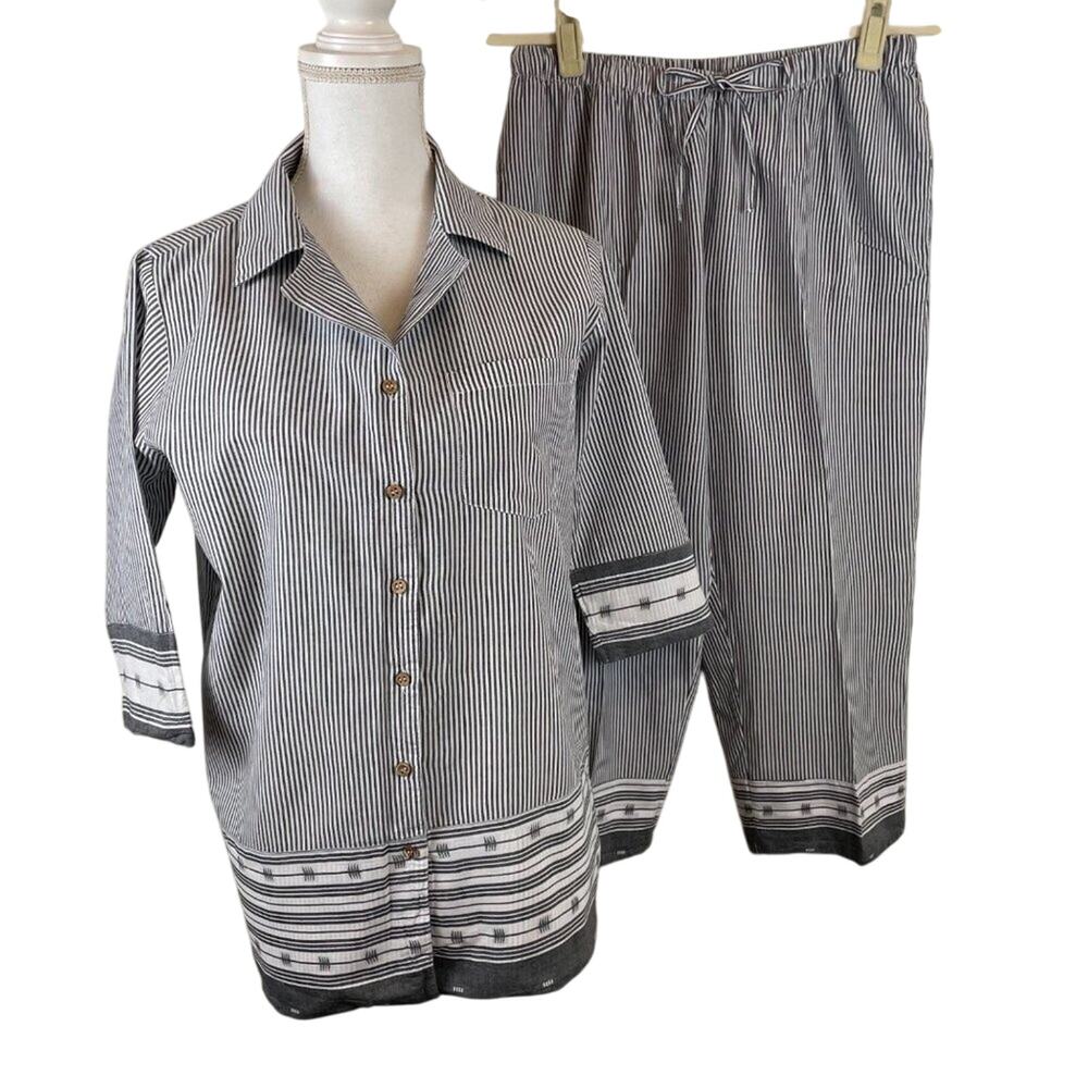Gray & White Stripe Blouse & Capri Set Size Small Embellish